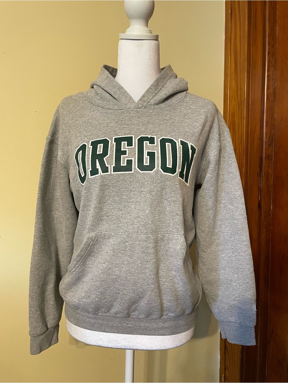 Champion Grey Hoodie with Green 'OREGON' Lettering Size: YOUTH LARGE (10-12)